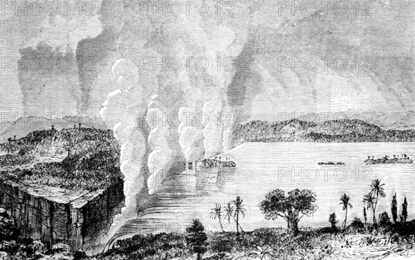 Victoria Falls on the Zambezi, border area between Zambezi and Zimbabwe, historical illustration