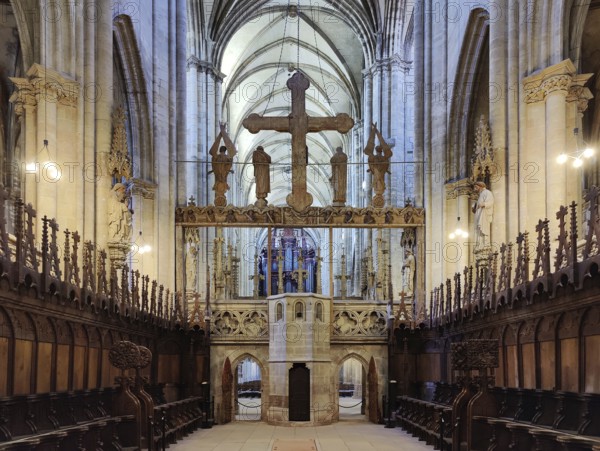 Choir stalls, rood screen, triumphal cross group and nave vault, Cathedral of St Stephen and St