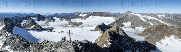 Panorama at the summit of the Wilder Freiger with summit cross and with glacier Übeltalferner and