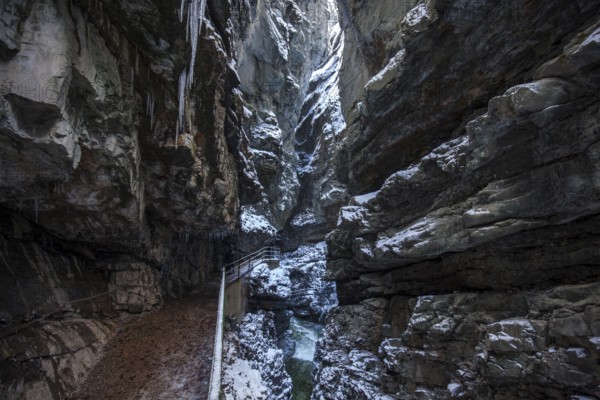 Winter, snowy landscape, river Breitach and hiking trail through the Breitachklamm gorge near
