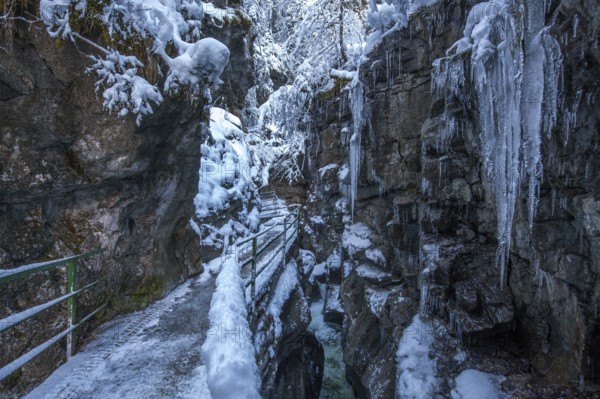 Winter, snowy landscape, icicles, hiking trail through the Breitachklamm gorge near Oberstdorf,