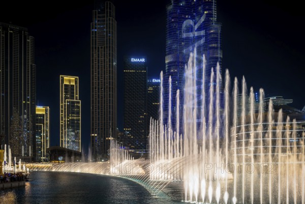 Night shot, water feature in Burj Khalifa Lake, Burk Khalifa, Downtown, Dubai, United Arab