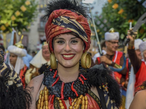 Woman in historic clothing, Moors and Christians Parade, Moros y Cristianos, Jijona or Xixona,