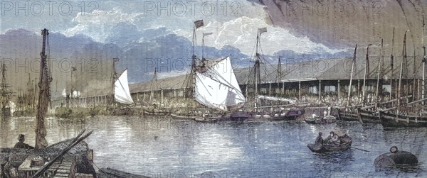 The fish market in the fishing harbour of Yarmouth in 1868, England, Historic, digitally restored