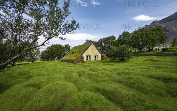Hofskirkja church with grass roof and grass-covered graves, Öræfi region, South Iceland, Iceland,