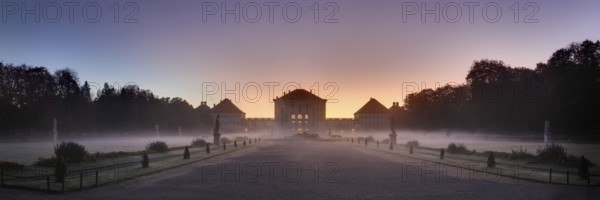 Panorama, dawn with ground fog in Nymphenburg Park with Nymphenburg Palace, Munich, Bavaria,