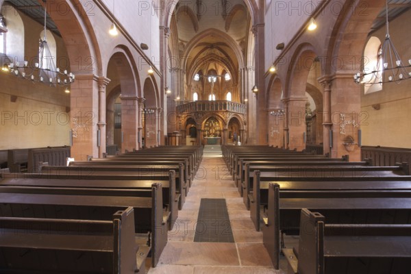 Interior view of the Romanesque Gothic Church of St. Mary and landmark of Gelnhausen, Hesse,