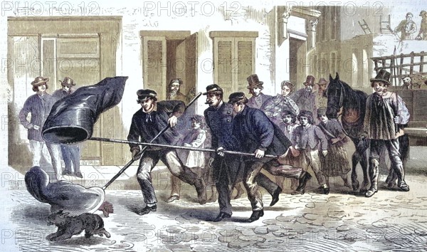 Dog Catcher in the Streets of Brussels, 1869, Belgium, Historic, digitally restored reproduction of