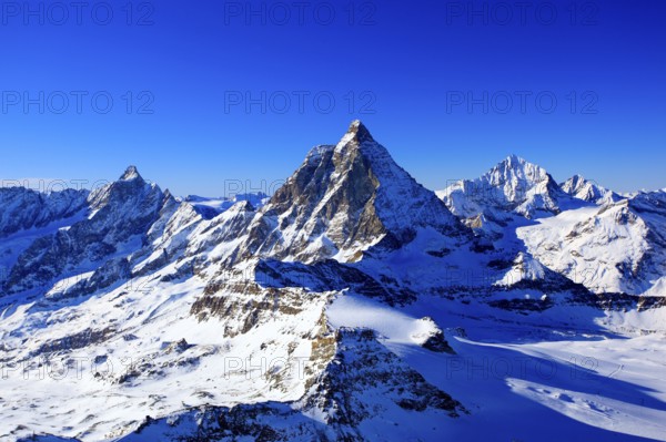 Mountain peak Dent d'Herens, 4171 m, Matterhorn, 4478 m, Dent Blanche, 4357 m, Valais, Switzerland,