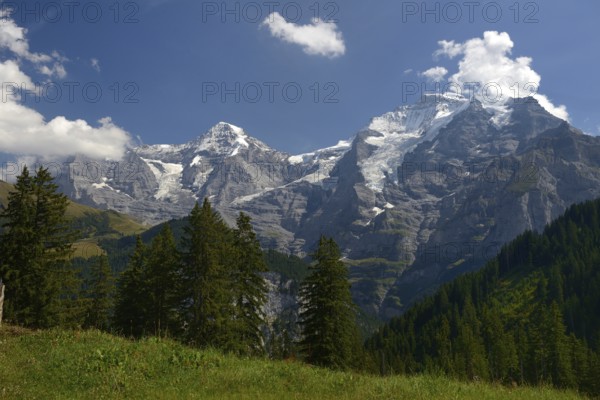 View of the Eiger, Mönch and Jungfrau, mountains in the Bernese Oberland, Canton Bern, Switzerland,