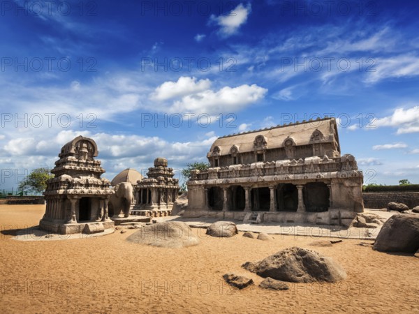 Five Rathas, ancient Hindu monolithic Indian rock-cut architecture. Mahabalipuram, Tamil Nadu,