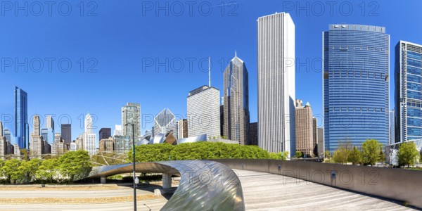 Chicago skyline skyscrapers skyscrapers and BP Pedestrian Bridge bridge skyscraper panorama in
