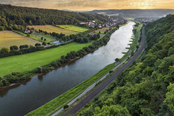 View from the skywalk over the Weser towards Herstelle and Würgassen, evening sky, Beverungen,