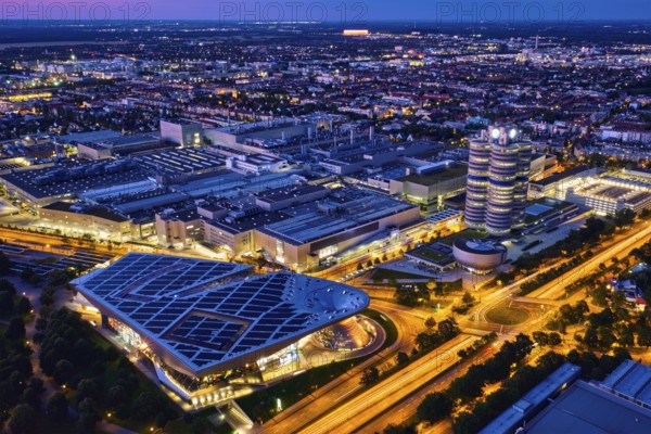 MUNICH, GERMANY, JULY 08, 2018: Aerial view of BMW Museum and BWM Welt and factory and Munich from
