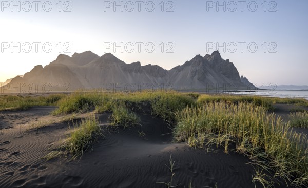 Black beach with volcanic sand, sandy beach, dunes with grass, Stokksnes headland, Klifatindur