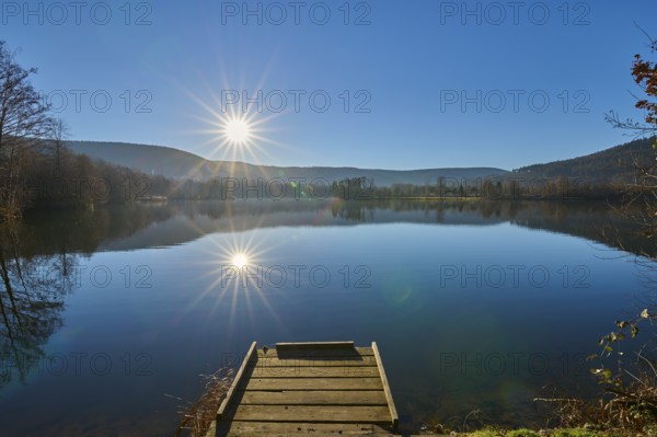 Lake with jetty at sunrise, Freudenberg am Main, Untermain, Spessart, Odenwald, Franconia,