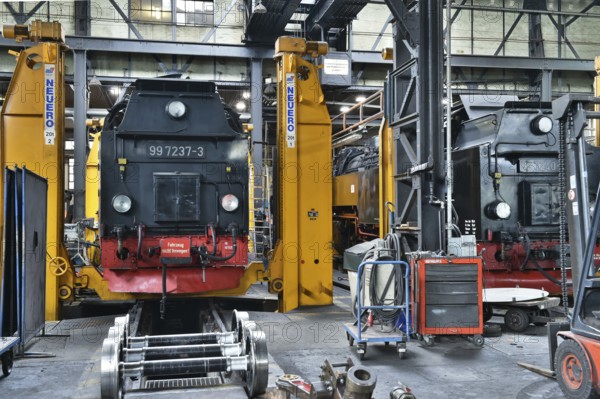 Steam locomotives of the Harz narrow gauge railway for maintenance in the workshop, Wernigerode,