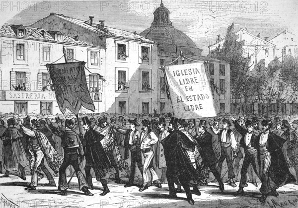 Demonstration for religious freedom in Madrid, 1869, Spain, Historic, digitally restored