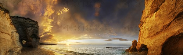 Sunset panorama on Mare di Tropea beach under luminous sky, Tropea, Vibo Valentia, Calabria,