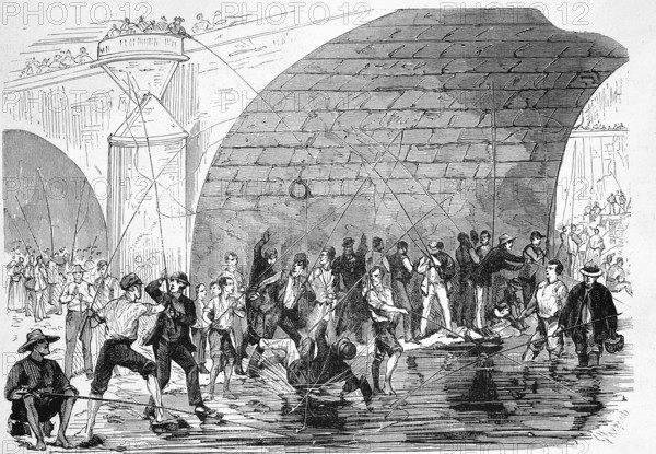The Anglers at the Bottom of Pont Neuf in Ligne, 1869, France, Historic, digitally restored