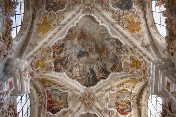 Interior photograph of ceiling frescoes, ceiling painting, monastery basilica, monastery church,