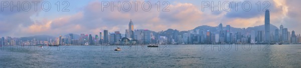 HONG KONG, CHINA, APRIL 28, 2018: Hong Kong skyline cityscape downtown skyscrapers over Victoria