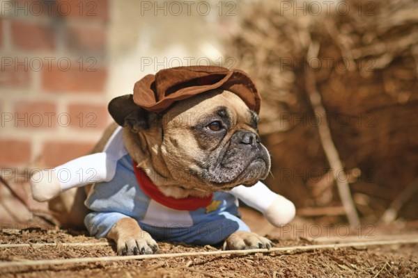 French Bulldog dog wearing Halloween cowboy full body costume with fake arms lying down in front of