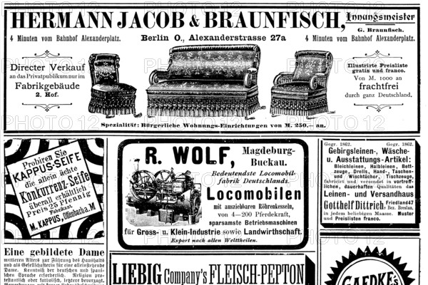 Various advertisements, Hermann Jacob & Braunfisch furniture, Locomobile, Kappus soap, mountain
