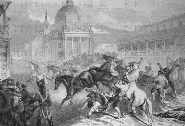 The Carnival in Rome, free horse racing on the parade, 1869, Italy, Historical, digitally restored