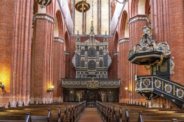 Interior and organ of St Nicholas' Church in the Hanseatic city of Wismar, Mecklenburg-Western