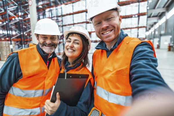 Warehouse workers smiling and capturing a selfie together inside a bustling logistics center,