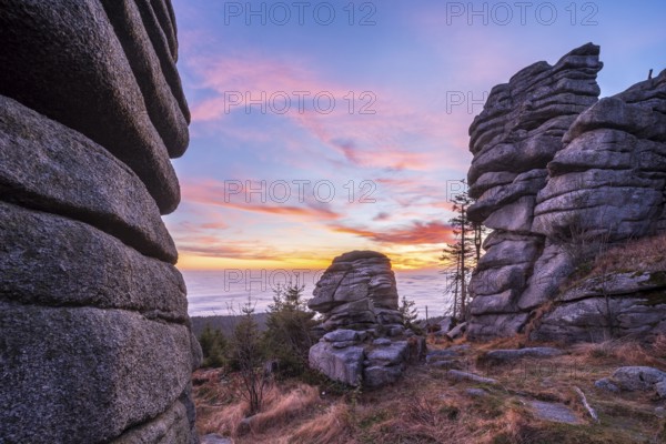 Rock formations on the Dreisesselberg at sunset, Haidmühle, Bavarian Forest, Lower Bavaria,
