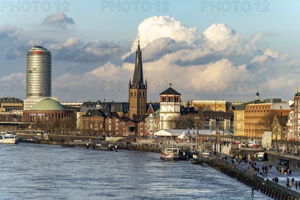City view with Rhine promenade, St. Lambert's Basilica, castle tower, Tonhalle and Ergo Tower in