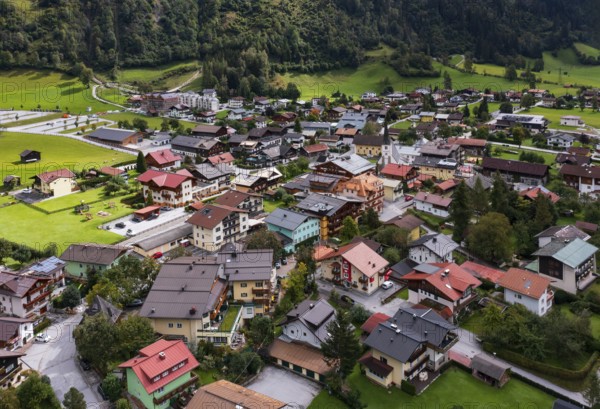 Drone image, residential buildings, view of village with parish church, Dorfgastein, Gasteinertal,