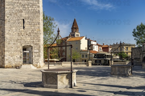 The Square of Five Fountains with the Captain's Tower and the Church of St Simeon, Zadar, Croatia,