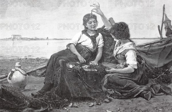 Two girls playing on the beach with a starfish, c. 1880, France, digital reproduction of an