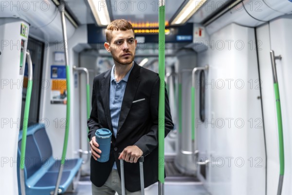 Young businessman traveling by subway train, holding a reusable coffee cup and a trolley bag,