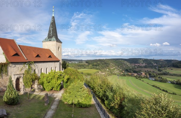 Zscheiplitz monastery church, view of the Unstrut valley and Freyburg, Saxony-Anhalt, Germany,