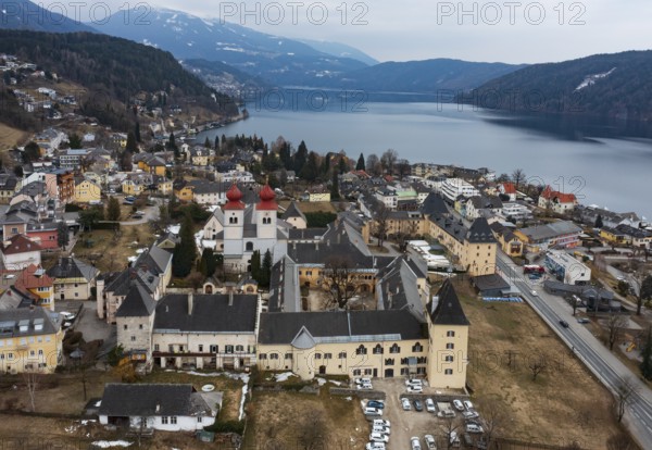 Drone shot, view of the town, Millstatt Abbey, Millstatt, Lake Millstatt, Carinthia, Austria,