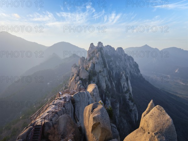 View of stones and rock formations from Ulsanbawi rock peak on sunset. Seoraksan National Park,