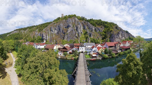 Aerial view, old bridge, wooden bridge, side arm of the Altmühl, Brucktor or bridge gate, on the