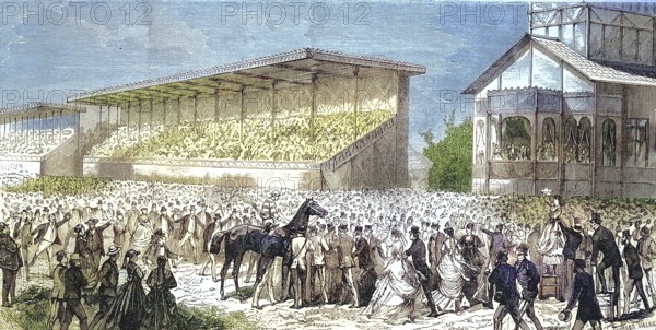 Racecourse in Bois de Boulogne, the favourite horse The Earl is being shown to the public, 1868,