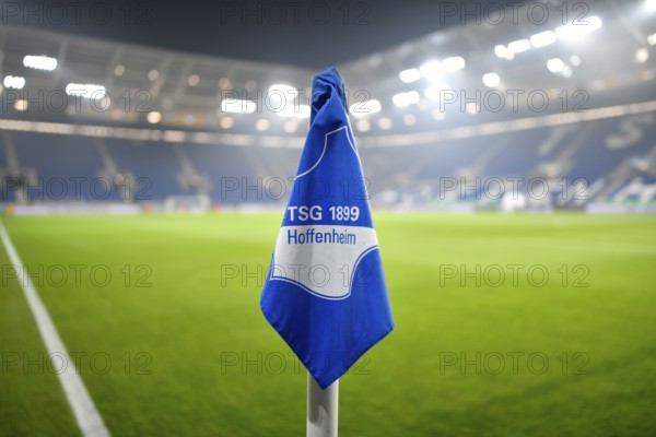 Corner flag, TSG 1899 Hoffenheim logo, grass, stadium interior, empty, PreZero Arena, Sinsheim,