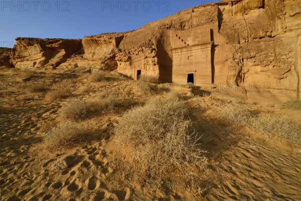 Nabataean tombs at Djabal Al-Ahmar in first daylight, Hegra or Madain Salih, AlUla region, Medina