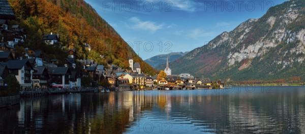 Panorama of Austrian tourist destination Hallstatt village on Hallstatter See in Austrian alps in