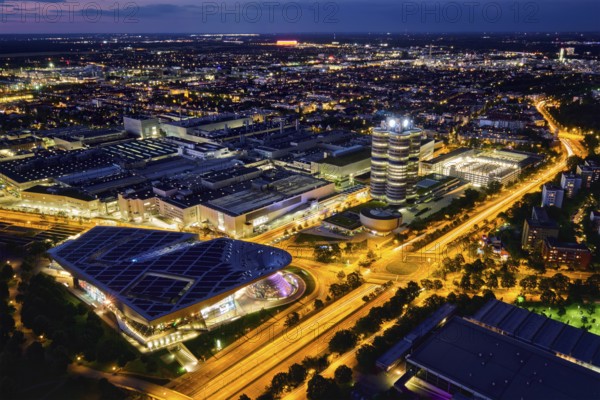MUNICH, GERMANY, JULY 08, 2018: Aerial view of BMW Museum and BWM Welt and factory and Munich from