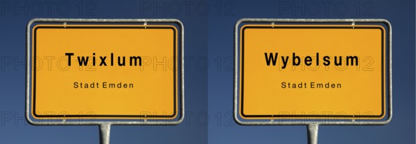 Place name signs for Twixlum and Wybelsum, districts of Emden, where the um at the end means home