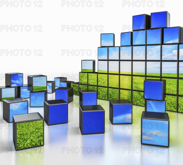 Ecology environmetal nature protection concept, cubes with beautiful landscape on white reflective