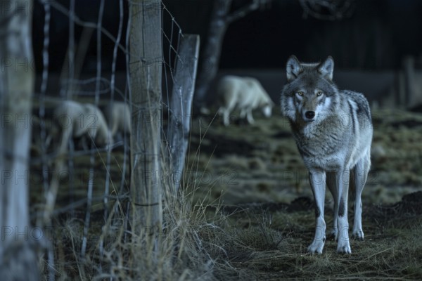 A wolf stands at a pasture fence at night and observes a grazing flock of sheep, symbolic image for