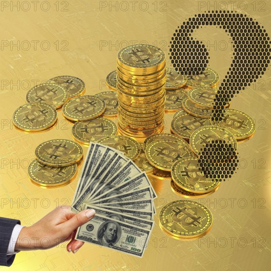 Symbolic image, Bitcoin against dollar, question mark, stock market prices, insecure digital
